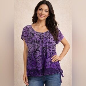 Apartment 9 Purple Paisley Lightweight Rayon Blouse, Size XL Boho Side-Tie Top